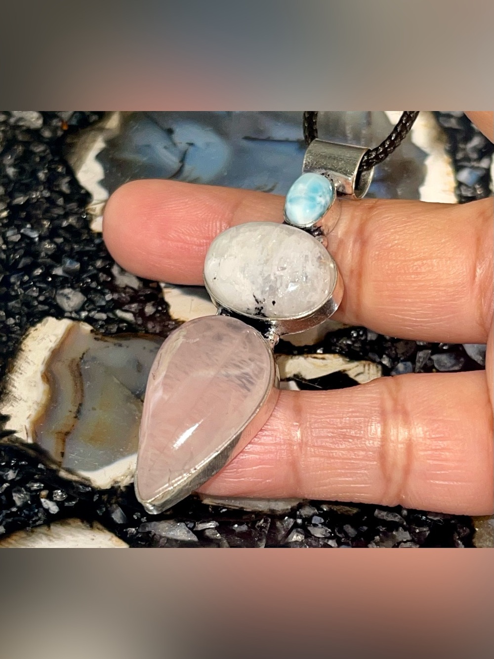 Petite Larimar, Rainbow Moonstone & Rose Quartz Crystal Pendant 2 1/2” - Picture 12 of 17